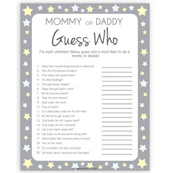 Supreme Guess Most Like To Say Baby Game Stars Shower Games Who Daddy Mommy Printable Likely Template Grey