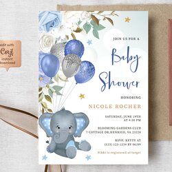Magnificent Elephant Boy Baby Shower Invitation Template Blue Balloons