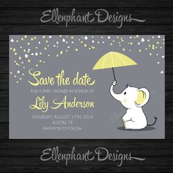 Champion Save The Date Yellow Elephant Baby Shower Umbrella Rain Sprinkle Unisex Invitations Template Cards
