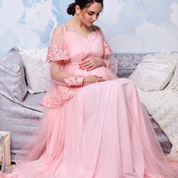 Exceptional Long Pink Lace Maternity Dress Baby Shower