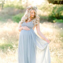 Wonderful Metallic Blue Baby Shower Gown With Drape Neckline Pregnant Guest