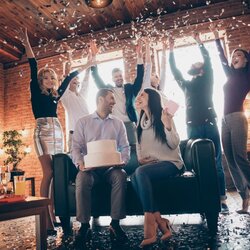 Champion Coed Baby Shower Low Angle Photo Of Group Amazing Eight Friends Throwing Confetti Meeting Surprise