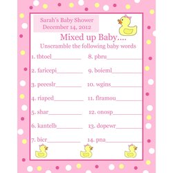 Peerless Personalized Word Scramble Baby Shower Game Cards Pink Rubber Ducky Unscramble Wording