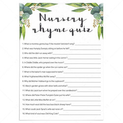 Nursery Rhyme Game For Greenery Baby Shower Printable Instant Quiz Rhymes Blush