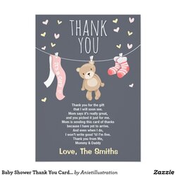 Sublime Thank Card With Teddy Bear Hanging From Clothes Line Shower Baby Cards Girl Pink Sold Choose Board