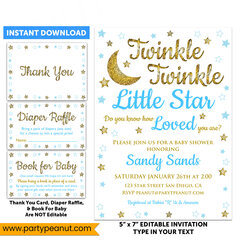 Twinkle Little Star Invitations Set Baby Shower Boy Party Peanut Blue