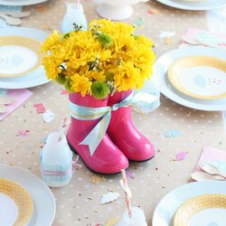 April Showers Inspired Baby Shower Giggles Galore Table Centerpiece Wrapping Boot Focal Arrangement Dot Rain