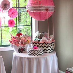 Baby Girl Shower Hot Air Gift Basket Pink Chevron Gifts Mesa Para Umbrella Elephant Os