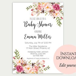 Tremendous Baby Shower Invitation Template Invite Editable Floral Printable