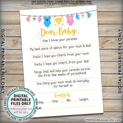 Dear Baby Shower Activity Game Advice Guessing Printable Gender Neutral Instant Mum Version