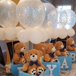 Unique Baby Shower Centerpieces That Brighten Up The Party Eng Teddy Bear Inside Block Holding White Balloons