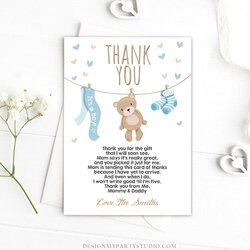 Tremendous Editable Baby Shower Thank You Card Teddy Bear Note
