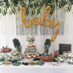 Brilliant Cute Baby Shower Dessert Table Cor Ideas Tropical Gold Greenery Sweets Sign Calligraphy Balloons