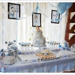 Tremendous Baby Shower Dessert Table Cake Boy Blue Sweet Party Balloons Lollipops Cakes Pops