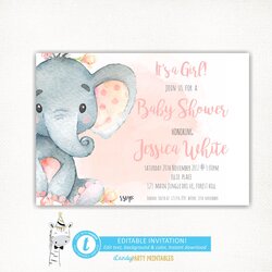 Elephant Baby Shower Invitation Girl Theme Pink Printable Floral Editable Invitations Safari Jungle Invite