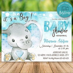 Editable Elephant Baby Shower Invitation For Boy Instant Download Compressed