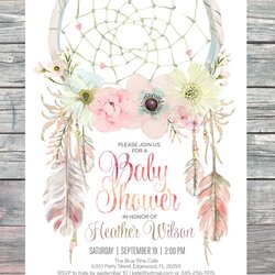 Terrific Pin En Baby Shower Invitations Invitation Bohemian Girl Catcher Dream Printable Feathers Con Floral
