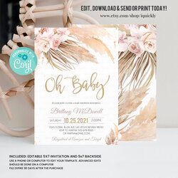 Perfect Editable Pampas Grass Baby Shower Invitation Floral Bohemian