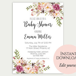 Fine Baby Shower Invitation Template Invite Editable Floral Printable